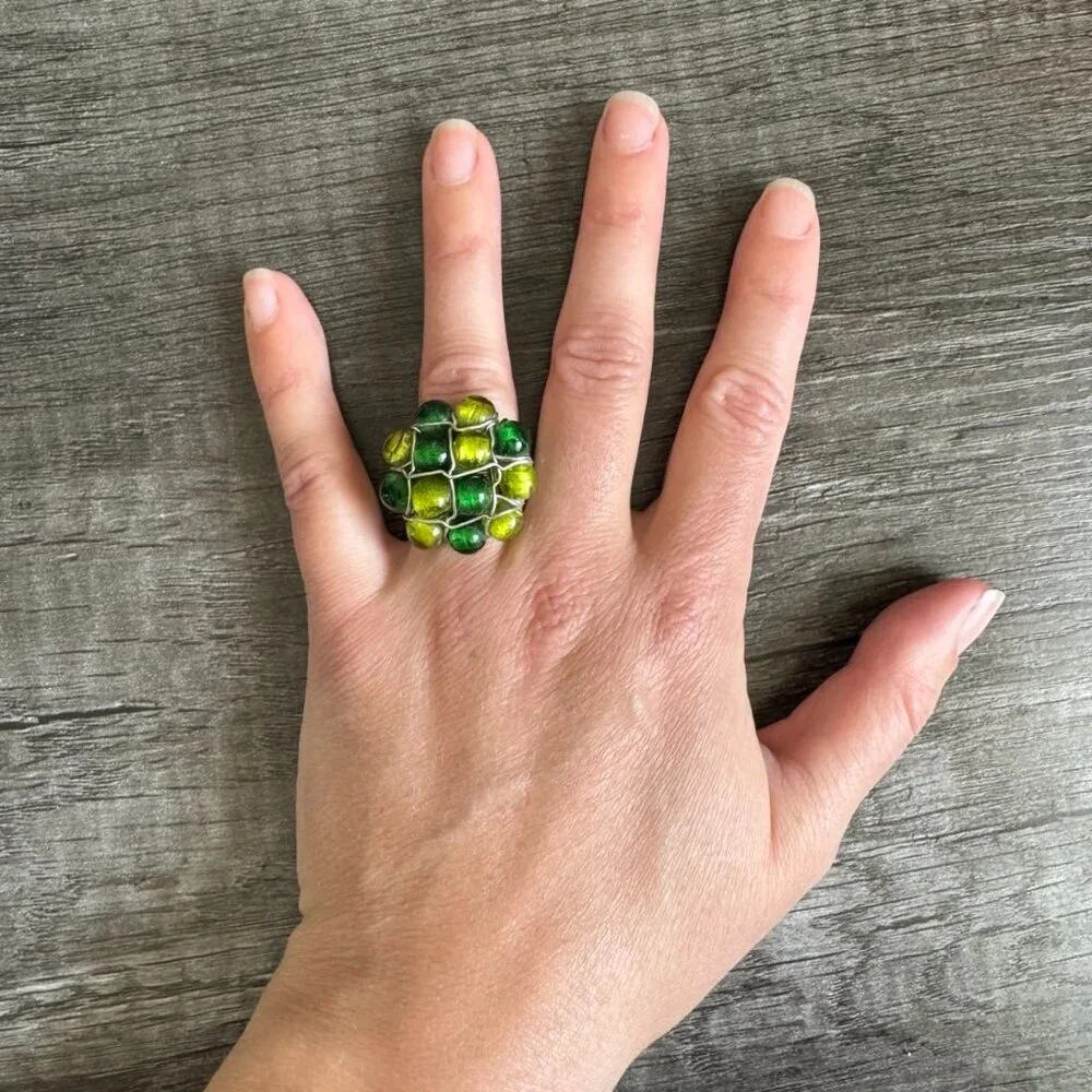 Handmade Wire-Wrapped Stainless Ring with Green & Yellow Glass Beads Size, 5.5